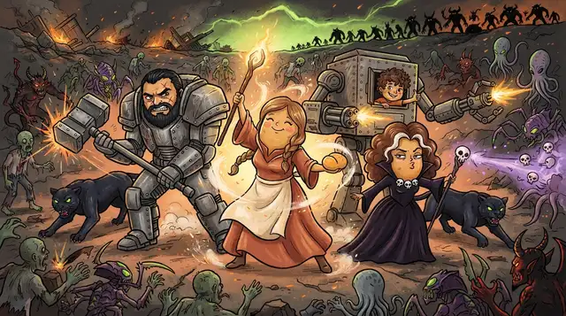 Four potato heroes holding off a horde of zombies, insect-aliens and demons: an armoured father with a war hammer, a mother casting healing light, a boy in a walking war machine, and a vampire sorceress, with two black panthers.